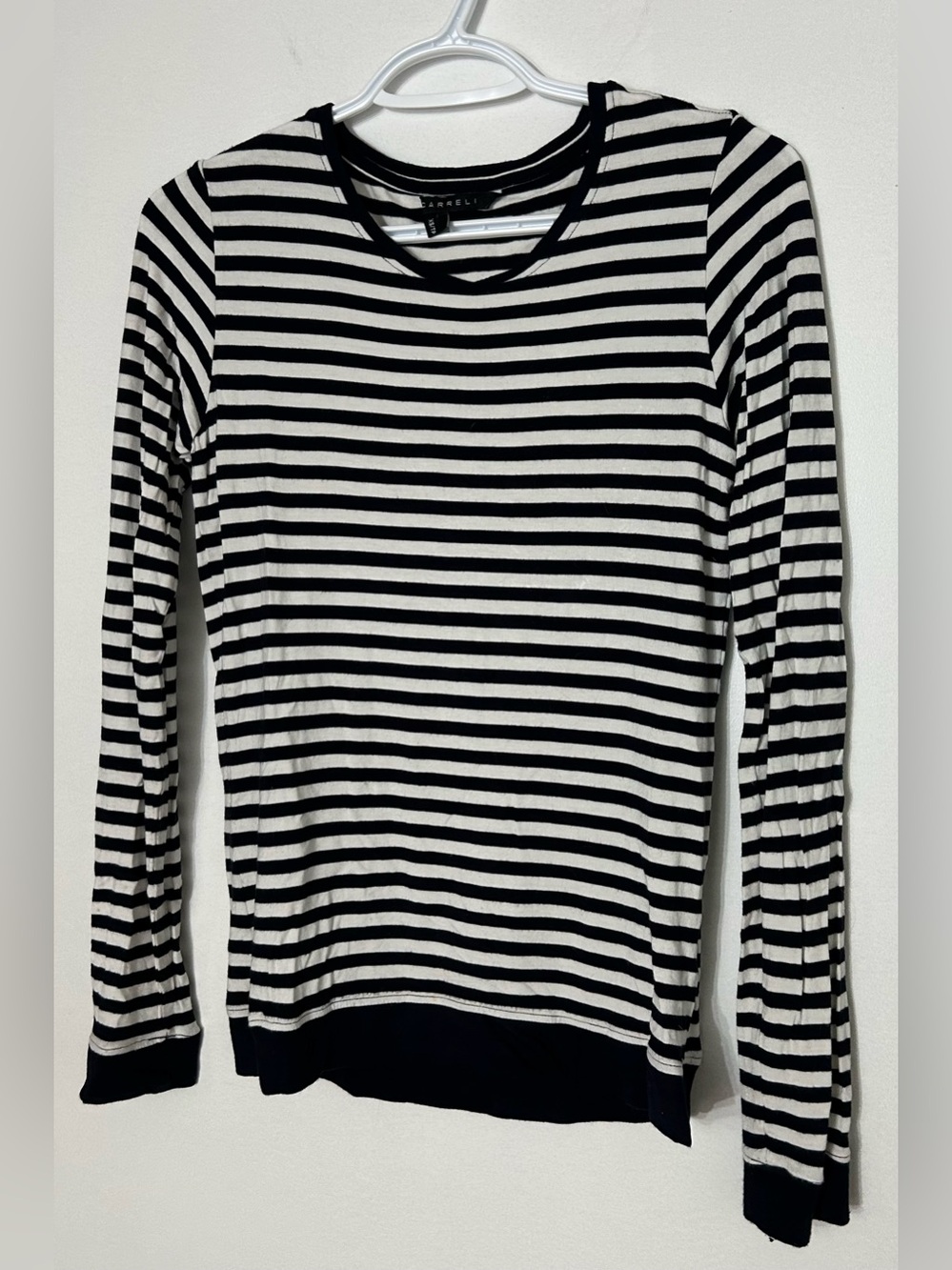 Women’s Black and White Striped Long-Sleeve Tee by Carreli